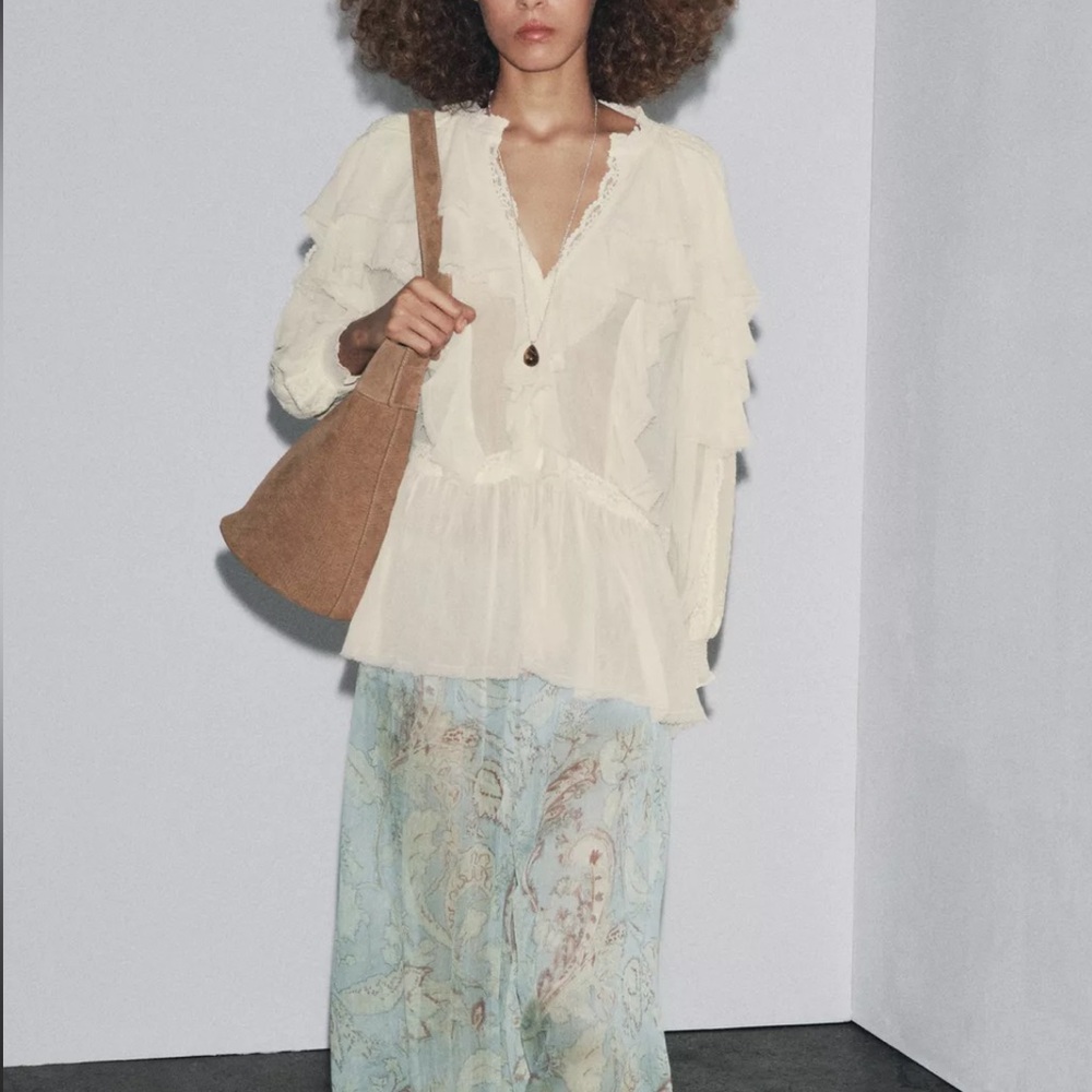 Zara Cream Blouse with Lace Trim ZW COLLECTION LACE RUFFLE BLOUSE